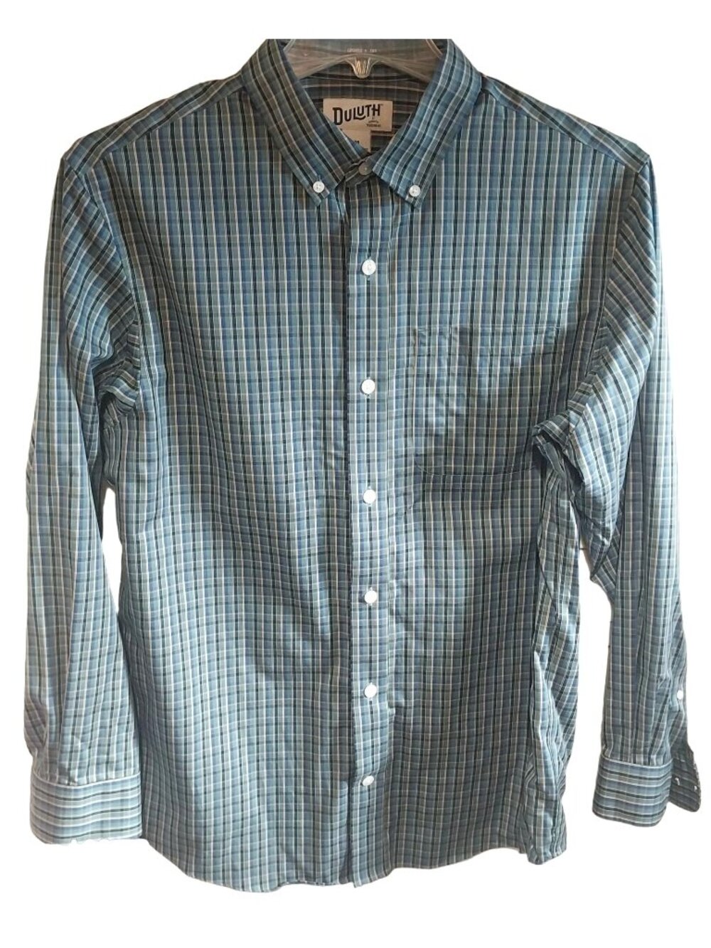 Duluth Trading Co Mens Blue Plaid Button Down Shirt Relaxed Fit Medium 100% Cott